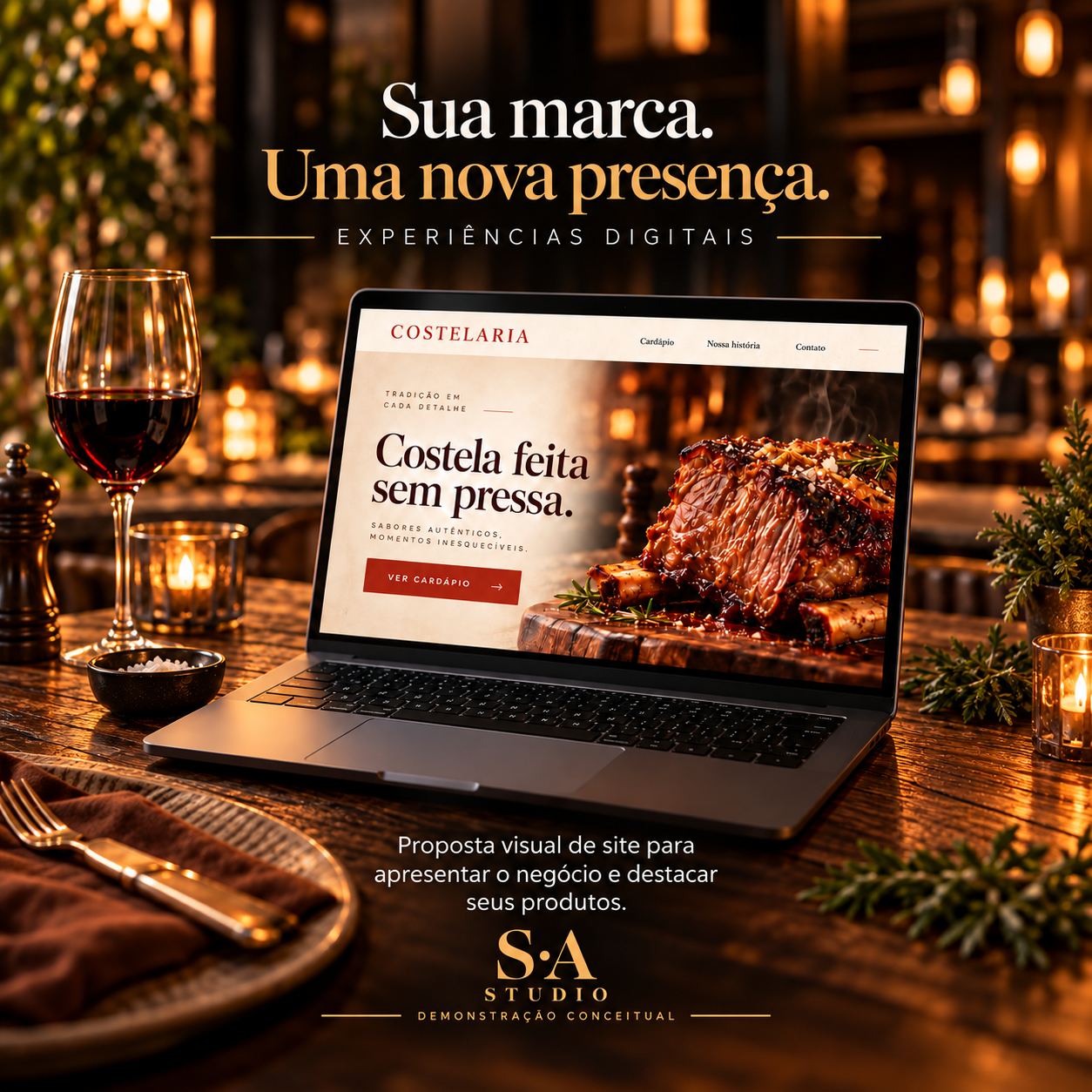 Proposta visual de site de uma costelaria na tela de um notebook, sobre mesa de madeira com vinho e iluminação acolhedora, assinada pela SA STUDIO