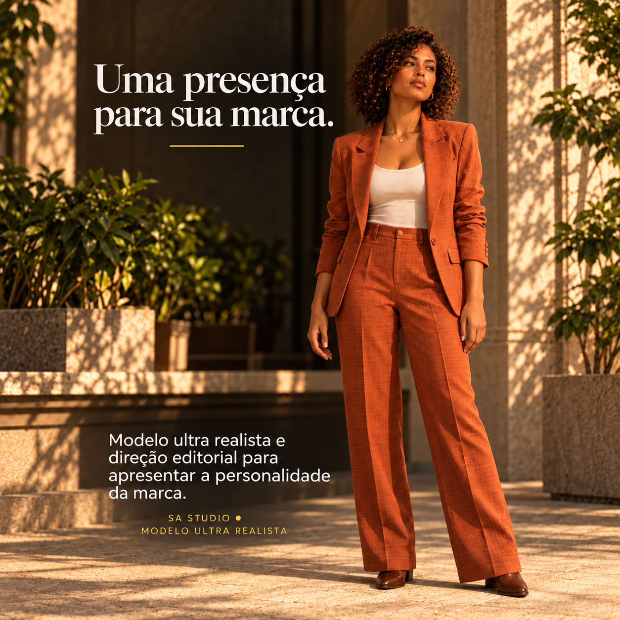 Modelo digital ultra realista em pé, de cabelos escuros cacheados, em um conjunto terracota, em um pátio de pedra iluminado pelo sol; peça assinada pela SA STUDIO