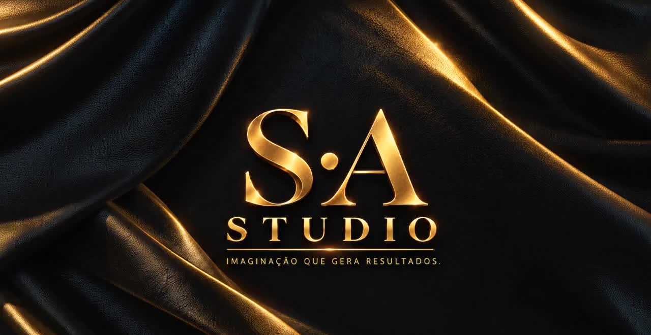 S.A STUDIO, logotipo dourado sobre tecido preto. Imaginação que gera resultados.