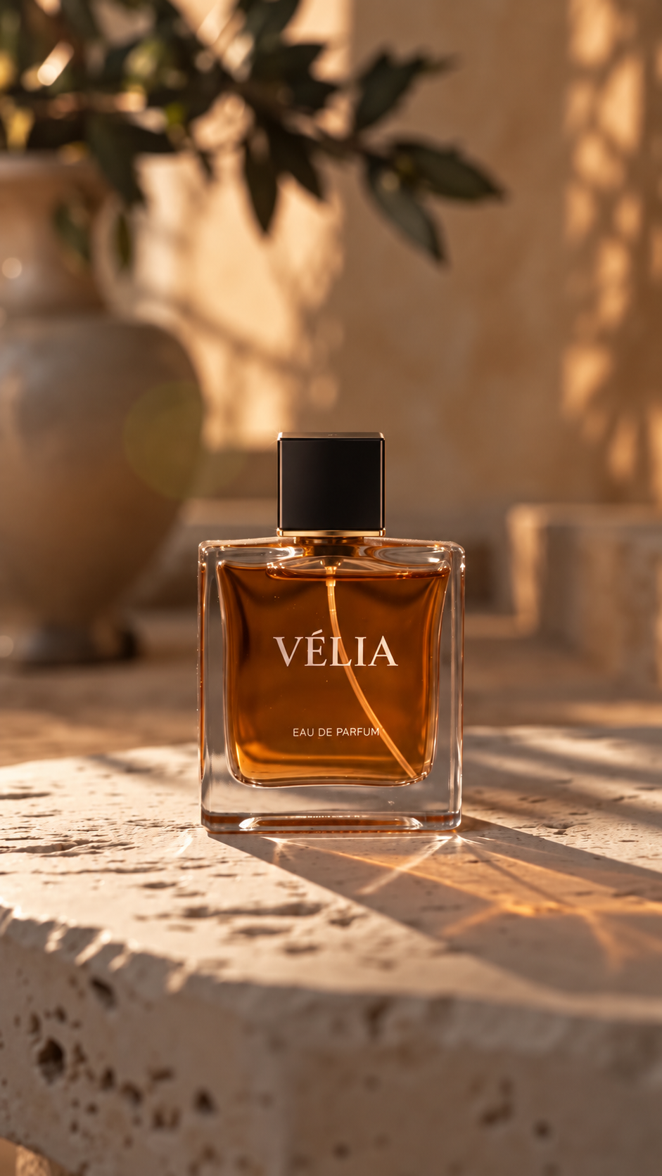 Frasco de perfume VÉLIA com tampa preta e detalhe dourado, em vidro âmbar sobre pedra clara sob luz natural quente